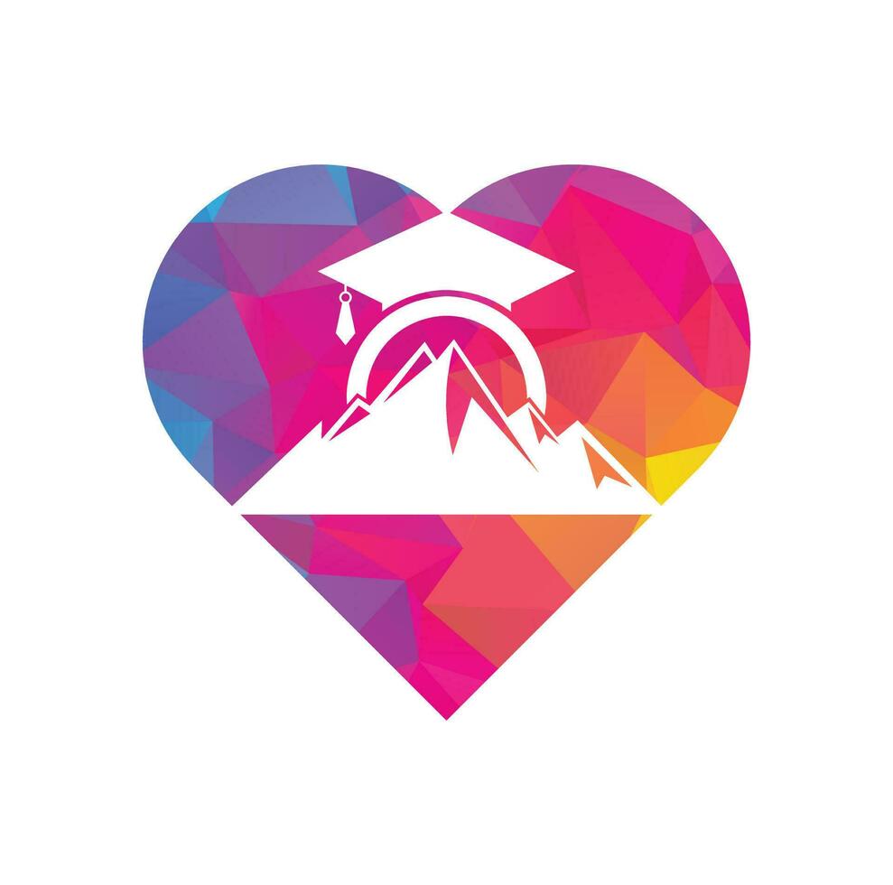 Mountain education heart shape concept logo design icon template. Mountain education cap logo design inspiration vector