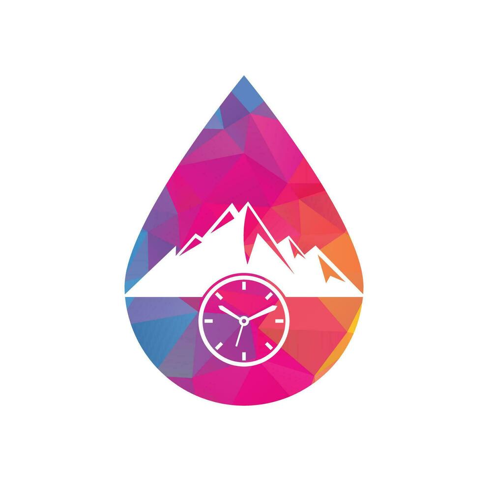 Diseño de icono de logotipo de concepto de forma de gota de montaña de tiempo. ilustración de plantilla de logotipo de tiempo de aventura. vector