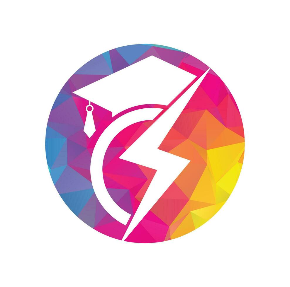 Flash student vector logo template. Education logo with graduation cap and thunder icon.