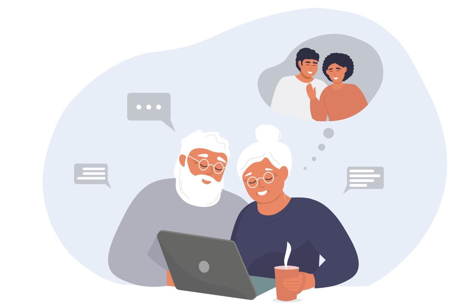 An elderly couple is sitting at a laptop, communicating virtually with children online. Old people at the computer. Vector graphics.