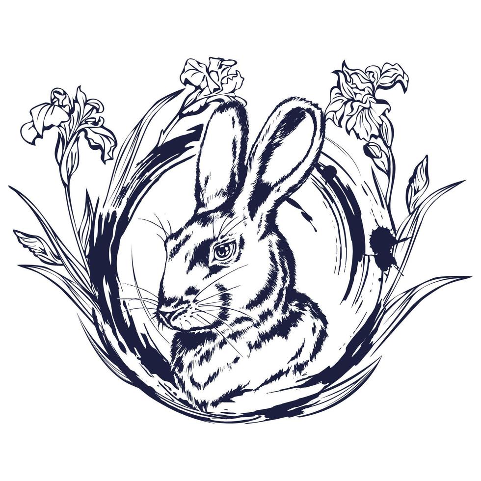 Hand drawn portrait of a rabbit. Rabbit head sketch. Rabbit framed with brushstroke and iris flowers. vector