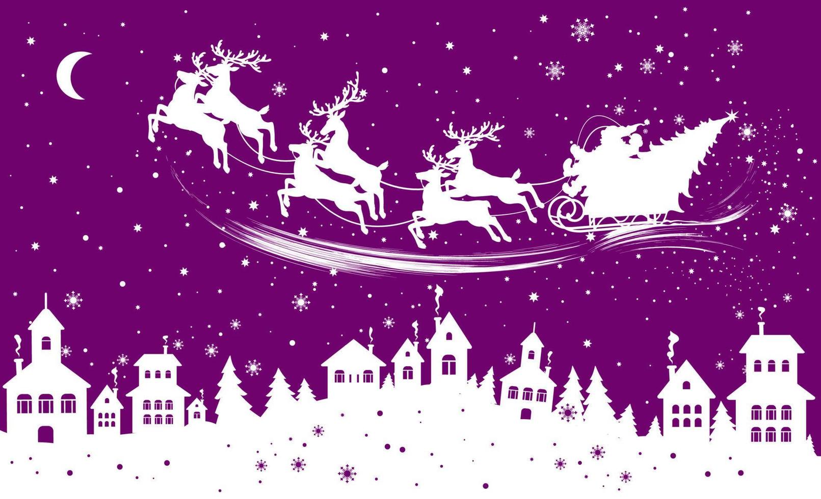 Christmas illustration with houses, Santa Claus on reindeer and snowflakes. vector