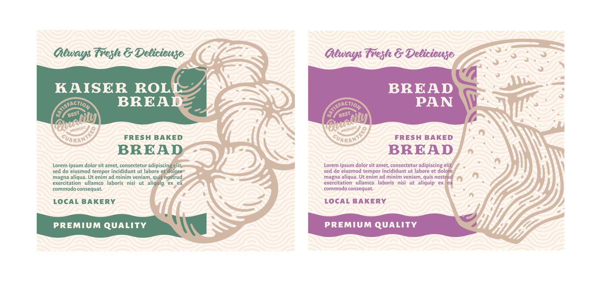 conjunto de diseño de empaque o etiqueta de panadería premium con pan dibujado a mano en estilo vintage de garabato vector