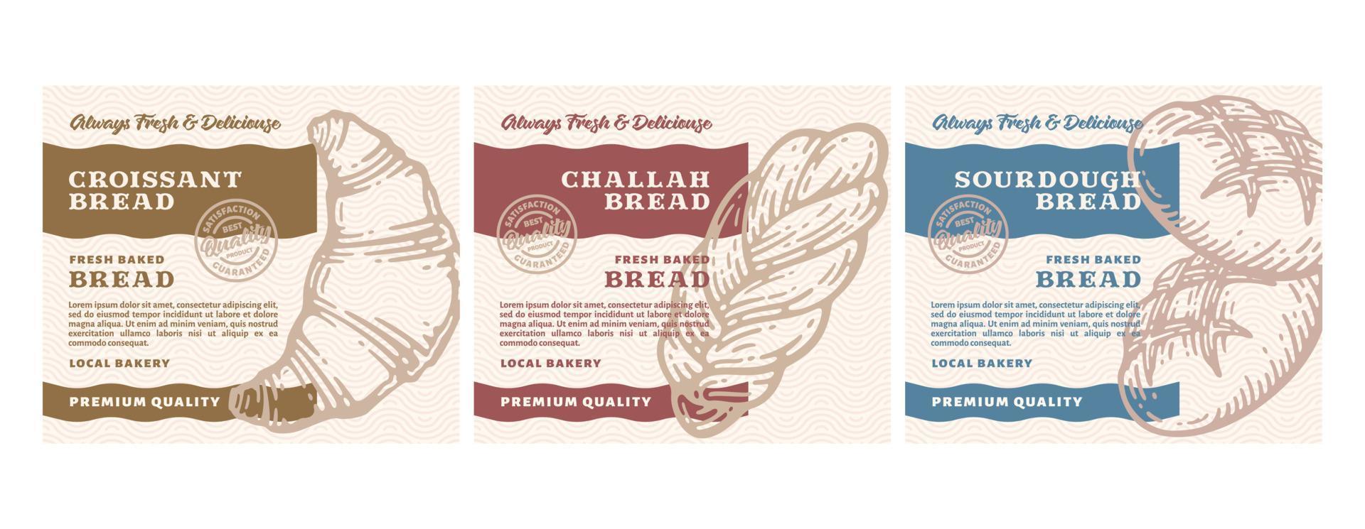 Set of packaging design or Label Premium Bakery with Hand Drawn Bread in doodle vintage style vector