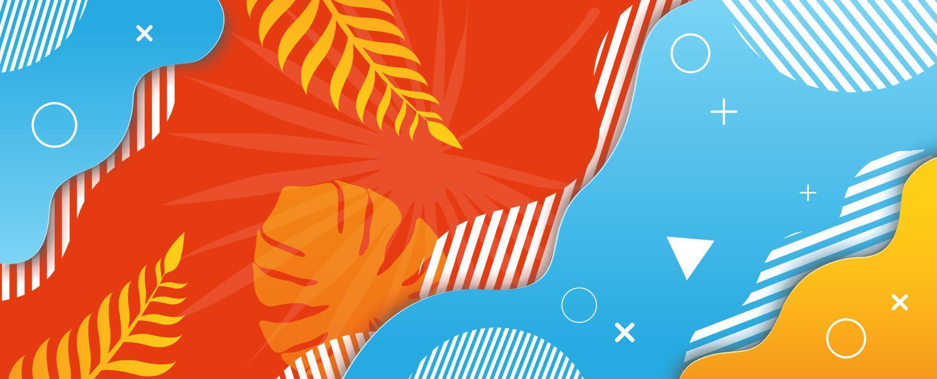 Summer colors tone with abstract background and space for texts in paper cut style on geometry pattern and silhouette of tropical plants background. vector