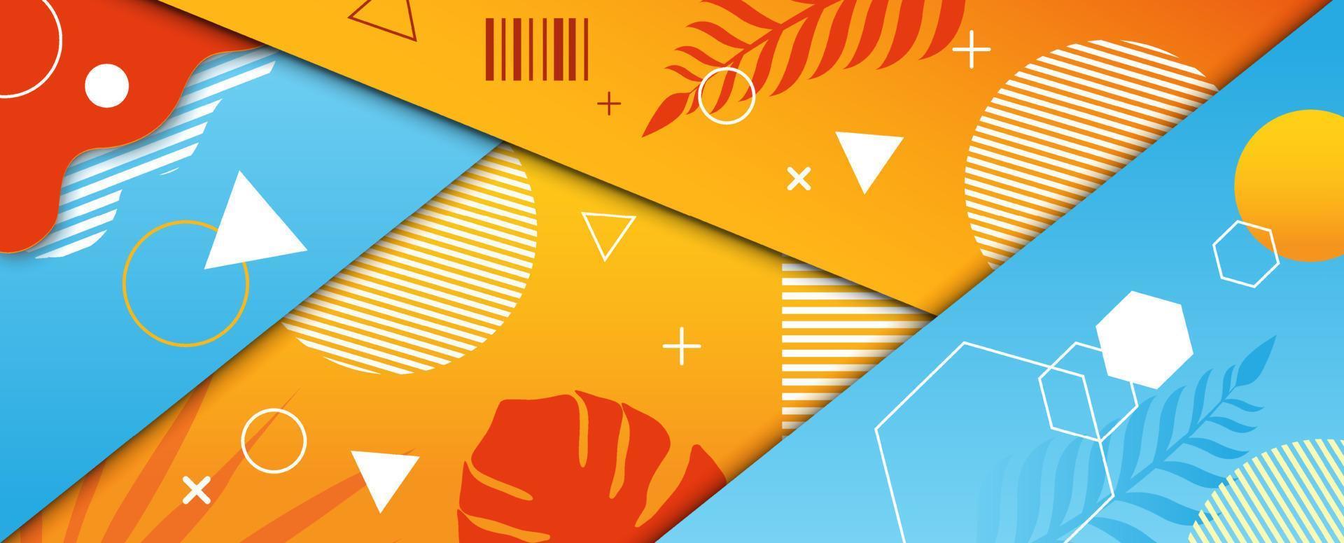 Summer colors tone with abstract background and space for texts in paper cut style on geometry pattern and silhouette of tropical plants background. vector