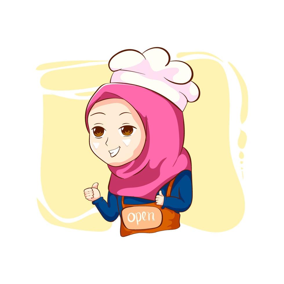 Premium vector l the cute moslem female. cheff open cooks cute vector. blue shirt and pink hijab. illustration imaged on whiteboard. wallpaper.