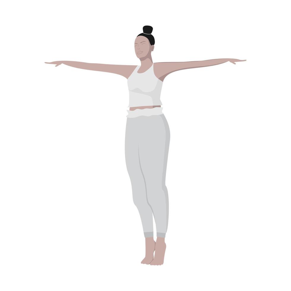 A woman in sportswear and gathered hair performs a yoga asana on tiptoe with her arms spread apart vector