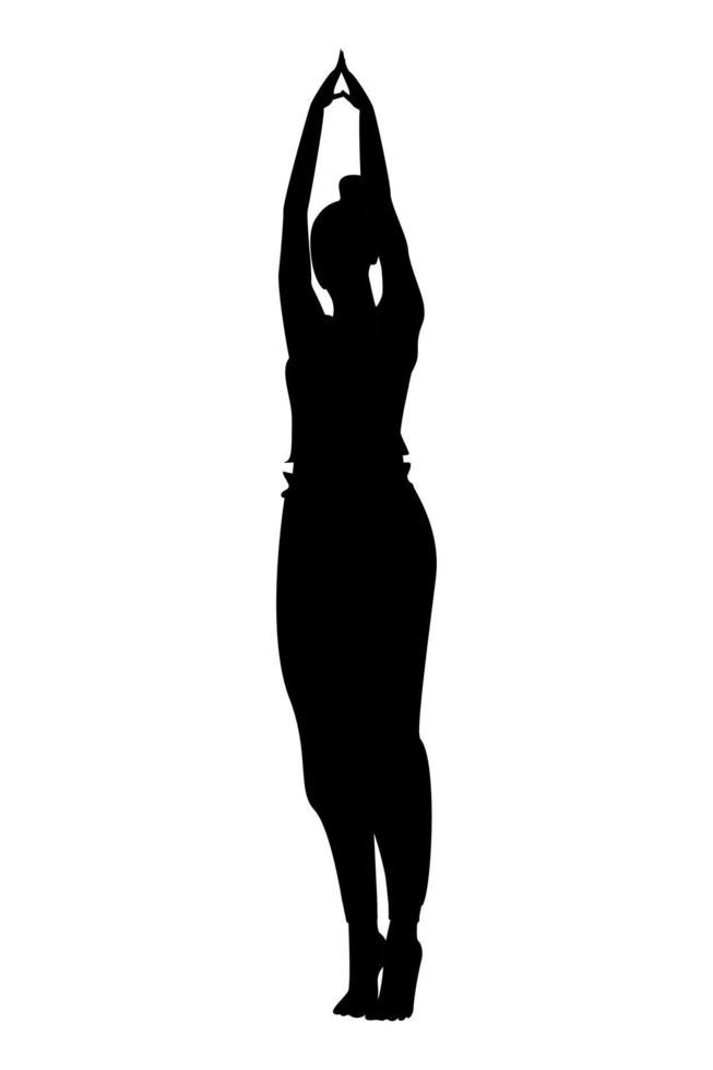 A woman in sportswear and gathered hair performs a yoga asana on tiptoe with her arms spread apart vector