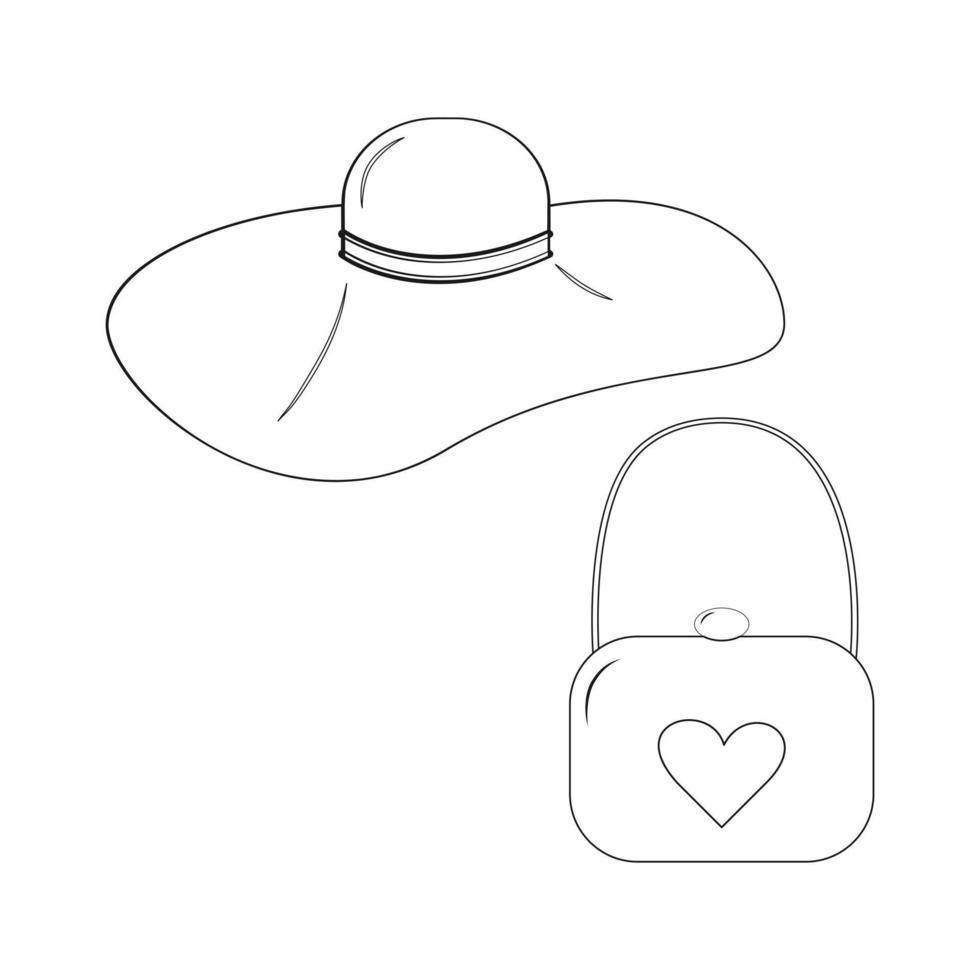 Set of a stylized womens wide brimmed hat and a lady handbag with a heart. Outline. Sticker. Icon vector