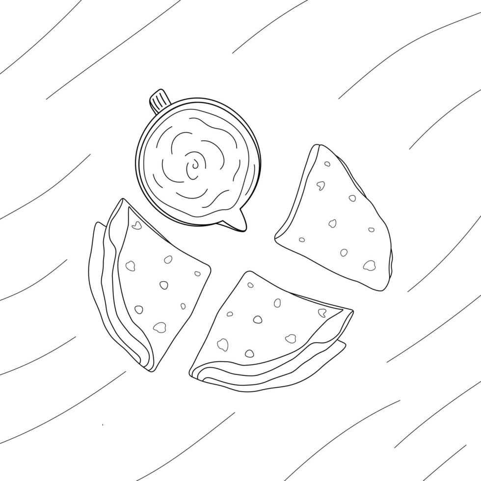 Triangle folded cornmeal tortillas and sauceboat on a wooden background. Line art. Mexican cuisine vector