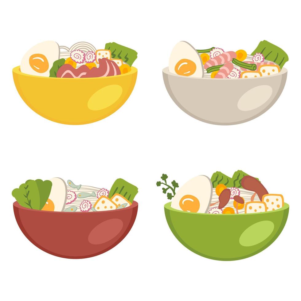 Hand drawn asian ramen soup collection in flat style. vector