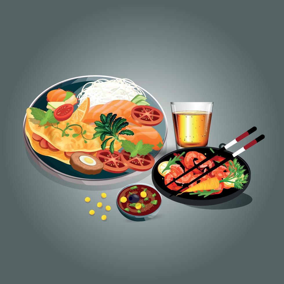 Healthy food and traditional restaurants, cooking, menu, vector illustration