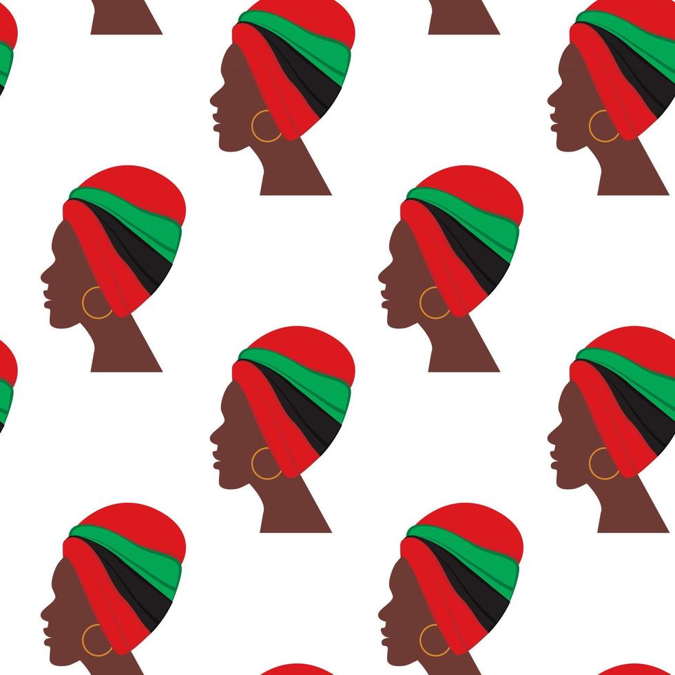 Endless pattern of the profile African woman in headdress and national hues turned in one direction vector