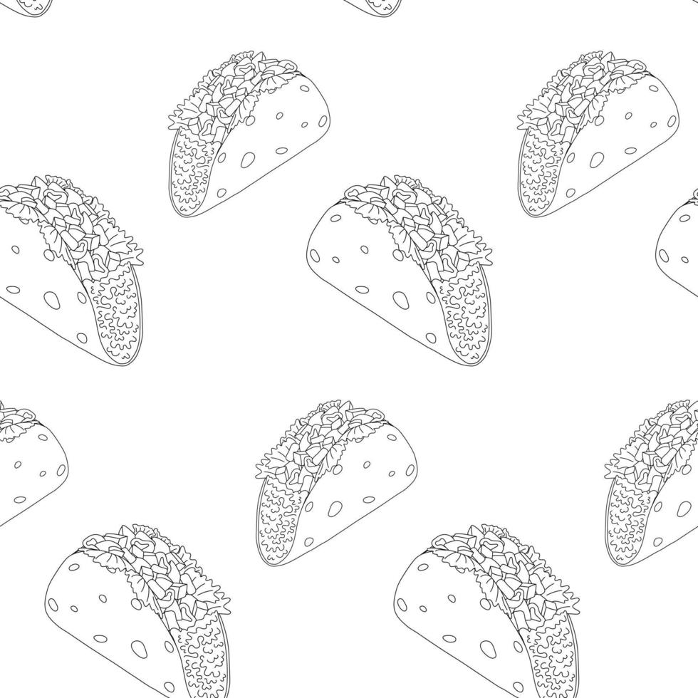 Endless pattern with Tacos from meat, lettuce and vegetables. Latin American cuisine. Mexican food vector