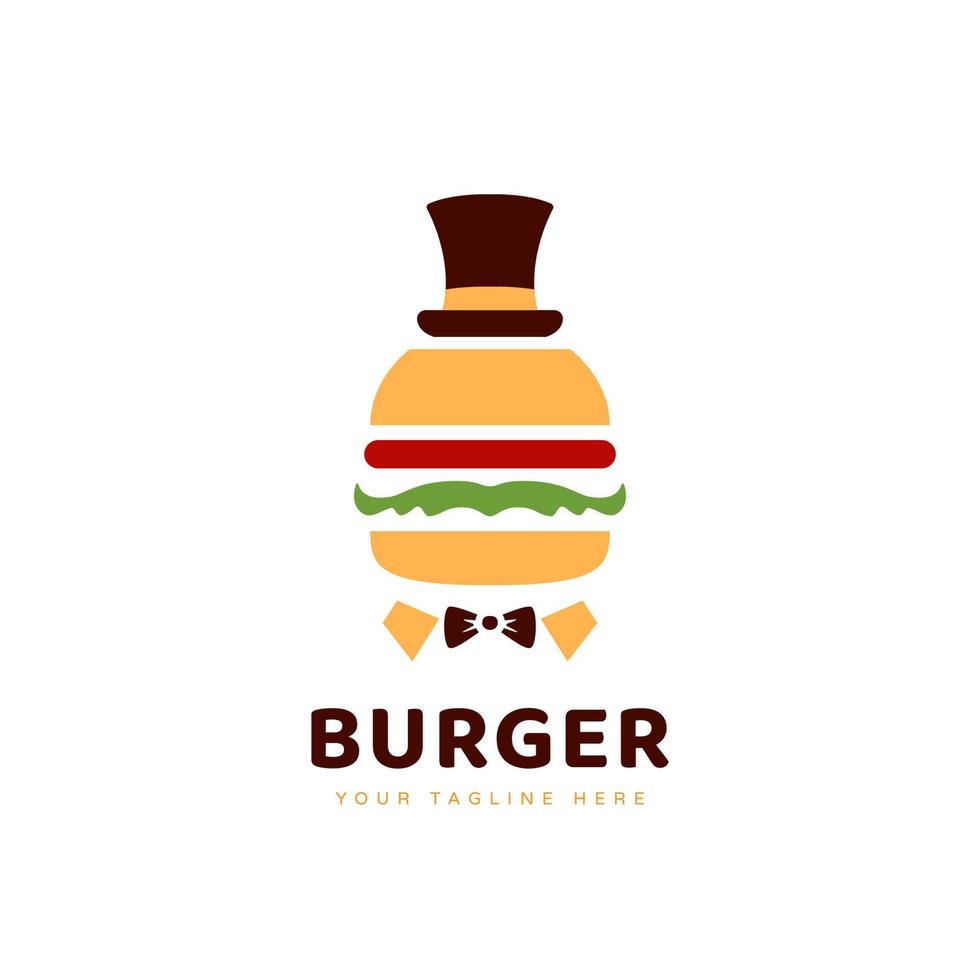 logotipo de hamburguesa del señor alcalde, logotipo de comida de hamburguesa con sombrero de alcalde e icono de corbata de mariposa en ilustración de estilo de dibujos animados vector