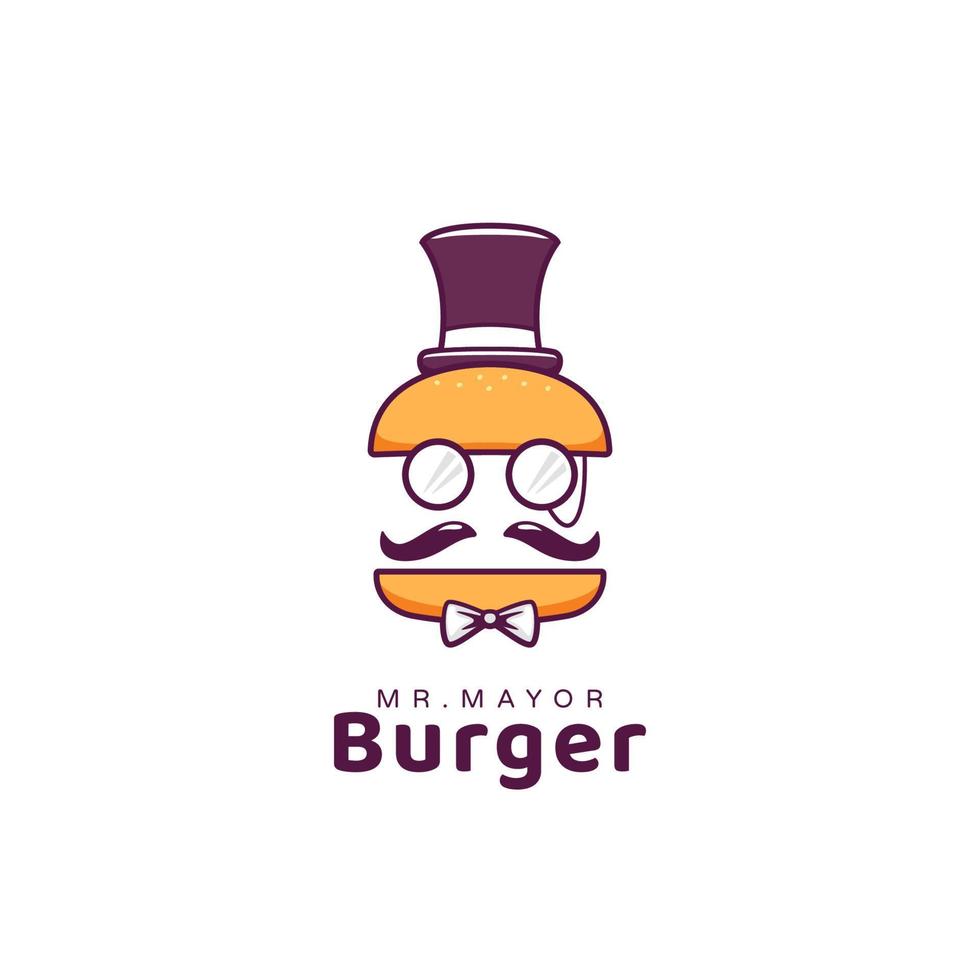 mr mayor burger food restaurant logo icon mascot with mayor hat and glasses cartoon illustration style vector