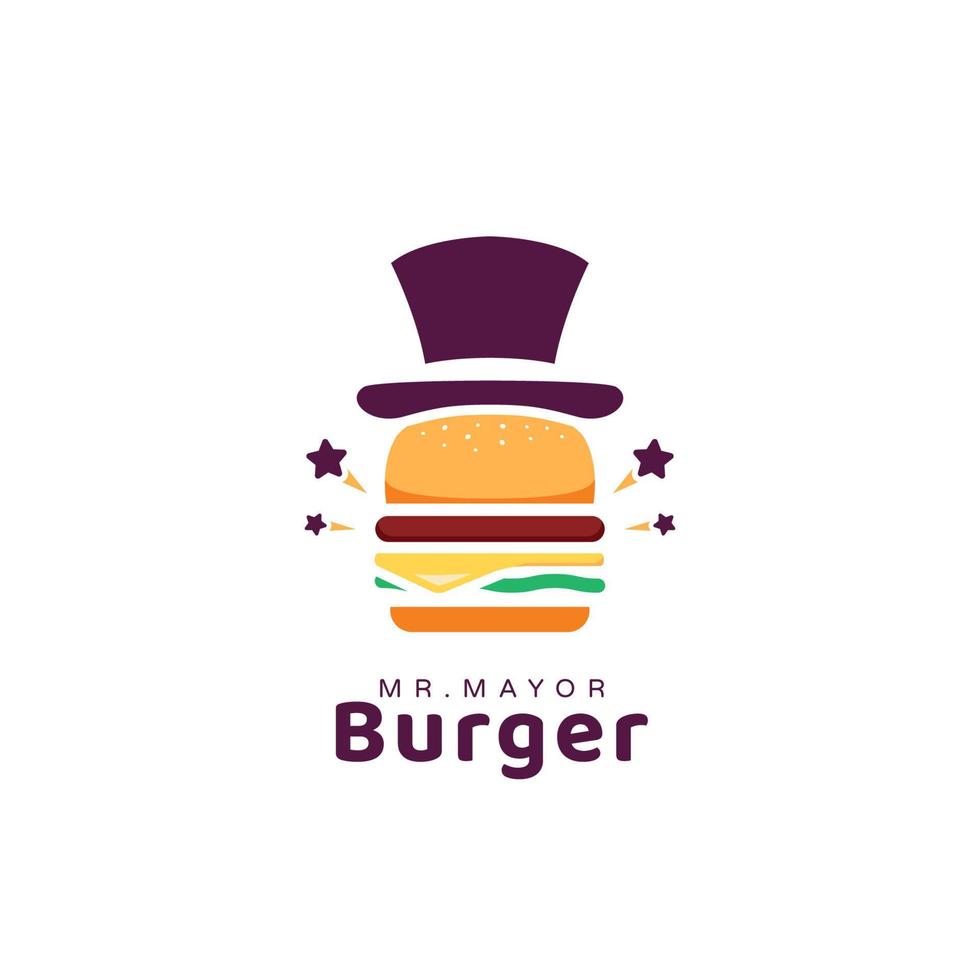 logotipo de la hamburguesa del alcalde de la ciudad, logotipo único del restaurante de hamburguesas con sombrero de alcalde en un símbolo de icono de ilustración de estilo de dibujos animados vector