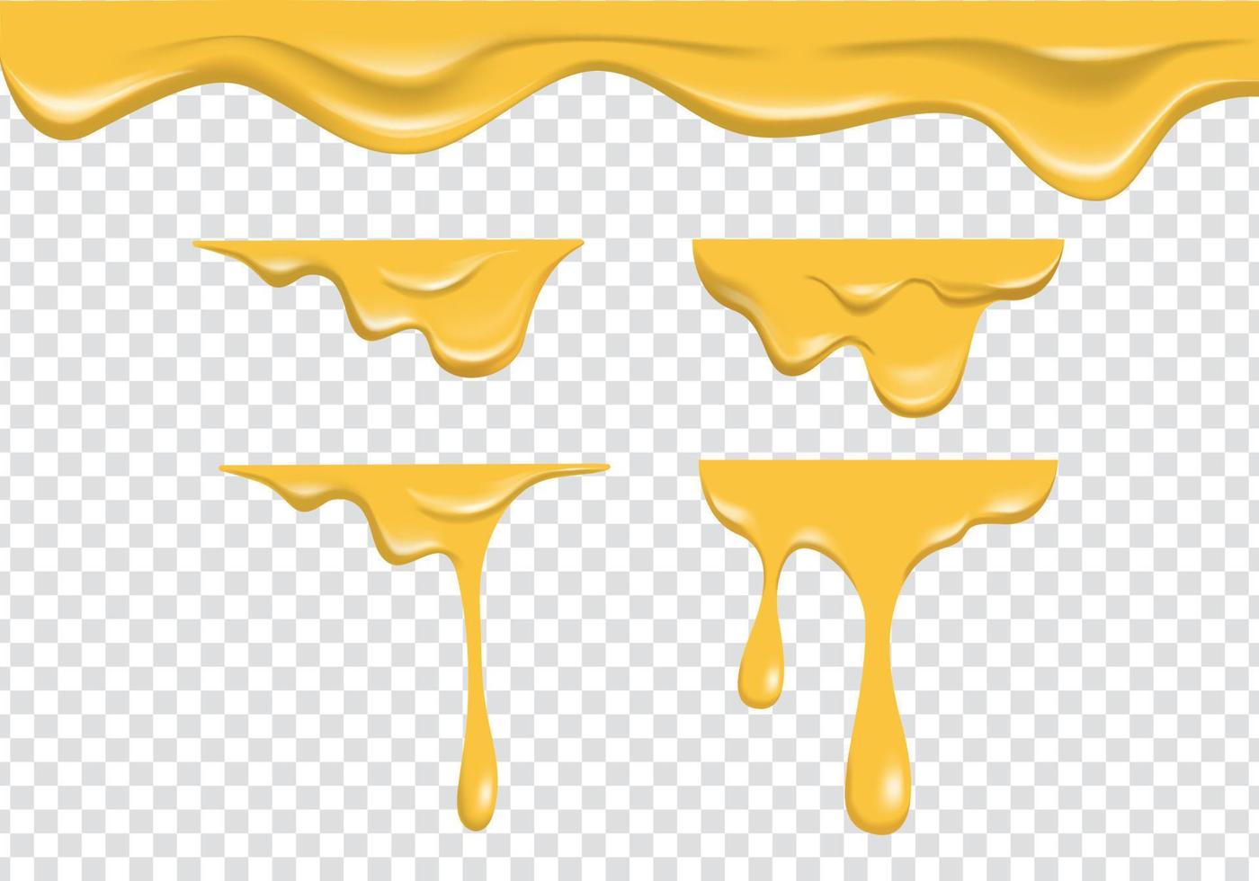 líquido de queso de fusión amarillo realista que fluye sobre un fondo transparente. esparcir la colección de crema de queso líquido conjunto decoración vectorial vector