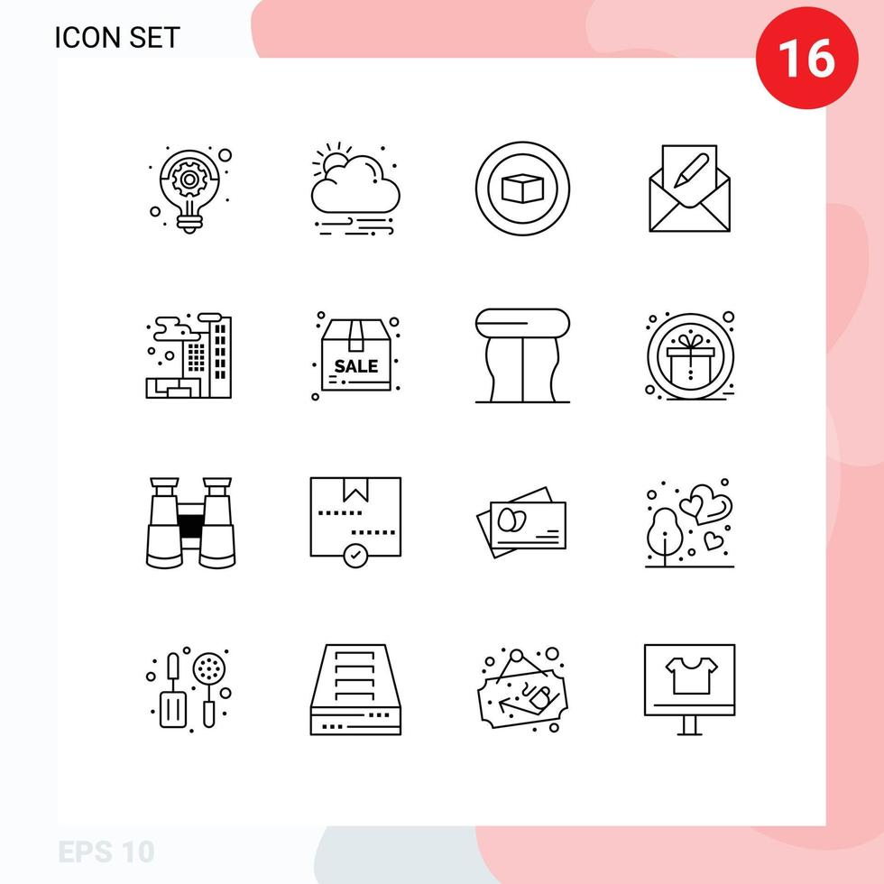 Pack of 16 creative Outlines of pollution city cube mail email Editable Vector Design Elements