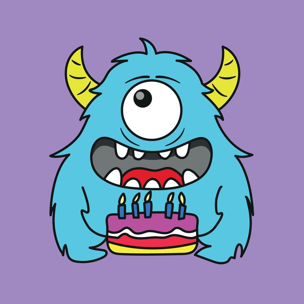 Illustration of Monster - Monster with cake Vector - Monster Drawing