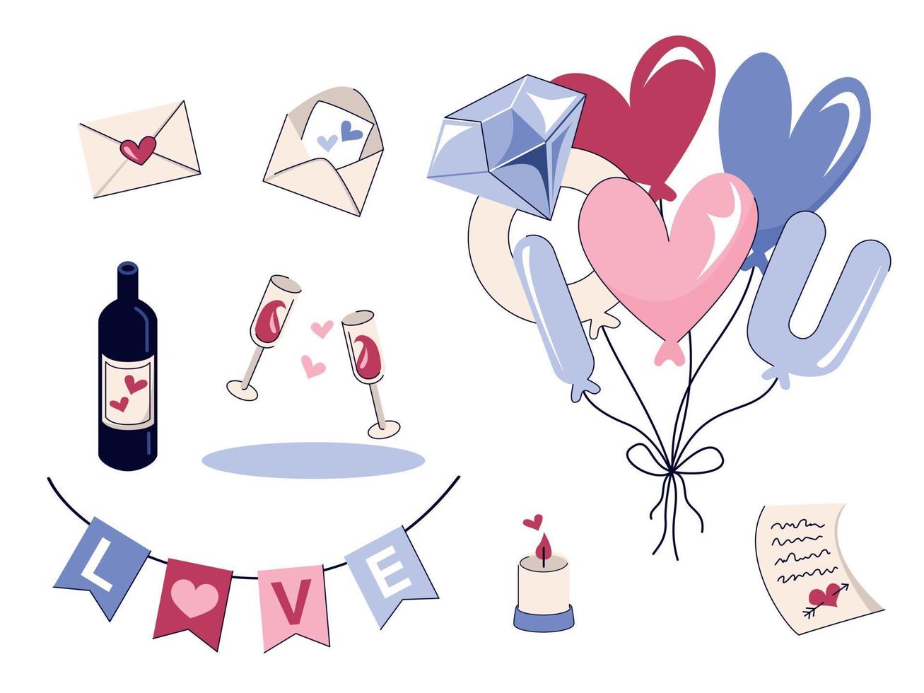 Set of doodle elements for valentine's day, romantic date and wedding. Love letters, a garland, heart-shaped balloons and wedding ring, wine and glasses. vector
