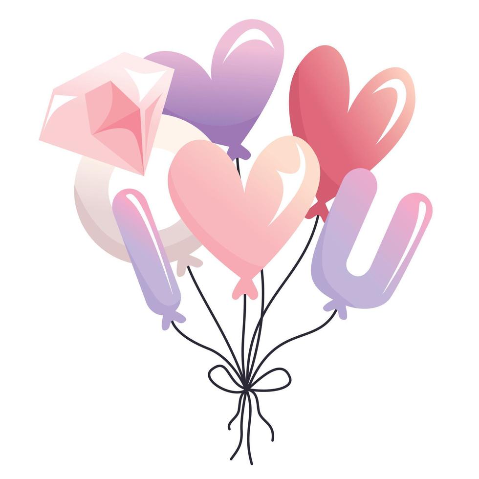 globos de ilustración te amo en estilo plano. globo en forma de corazón y anillo de bodas. vector