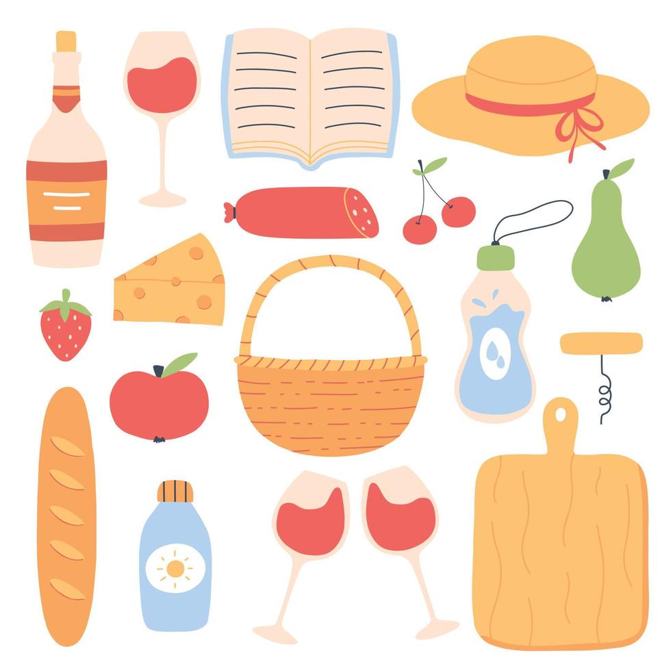 Summer picnic set. Collection of elements for spring picnic. Hat, basket, wine, cheese. Vector illustration. Flat hand drawn style.