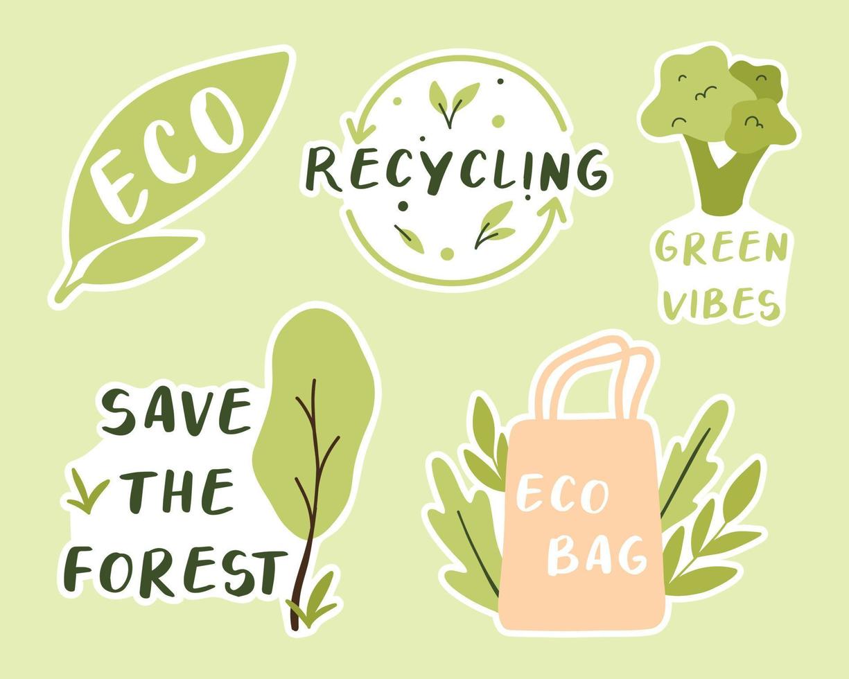 Set of eco stickers. Eco friendly stickers. Collection of stickers eco bag, eco, recycling, save the forest. Vector illustration. Flat hand drawn style.