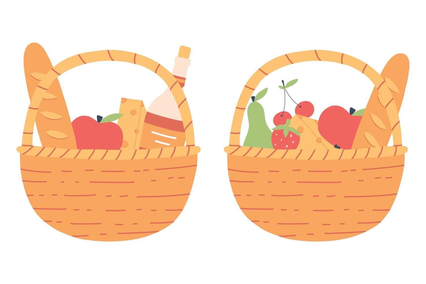 un juego de cestas de picnic. recogida de comida de picnic. ilustración vectorial estilo plano dibujado a mano. vector