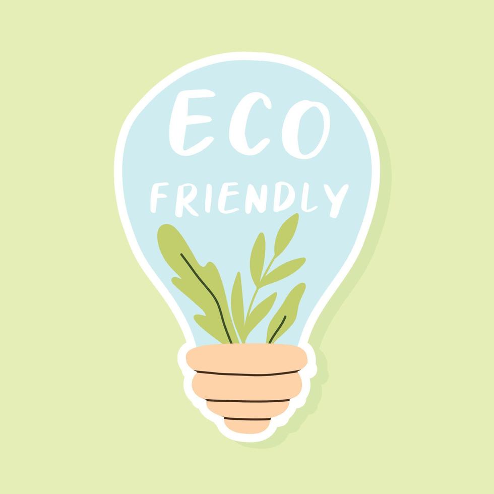 Eco sticker with light bulb and leaves. Eco friendly sticker. Vector illustration. Save the planet. Flat hand drawn style.