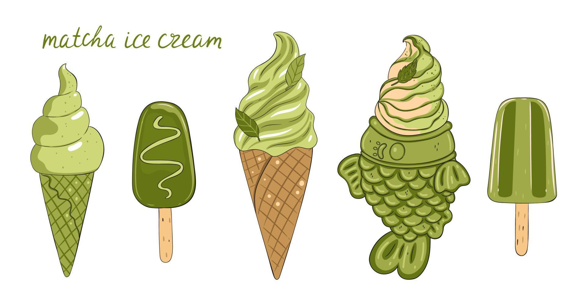 Set of ice cream with matcha isolated on white background. Vector graphics.