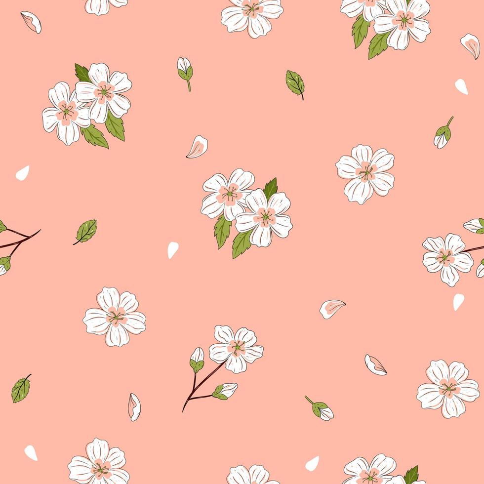 Seamless pattern with white cherry flowers on a pink background. Vector graphics.