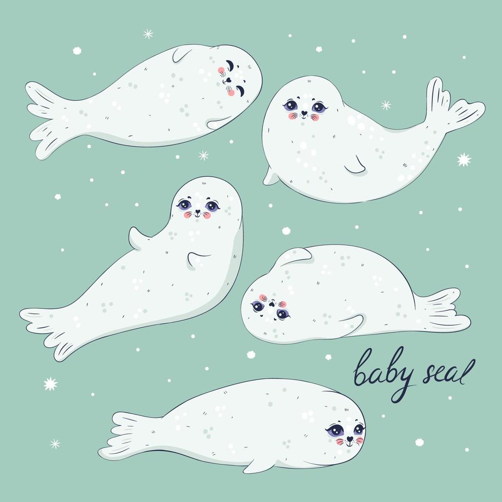 Set of cute white baby seals. Vector graphics.