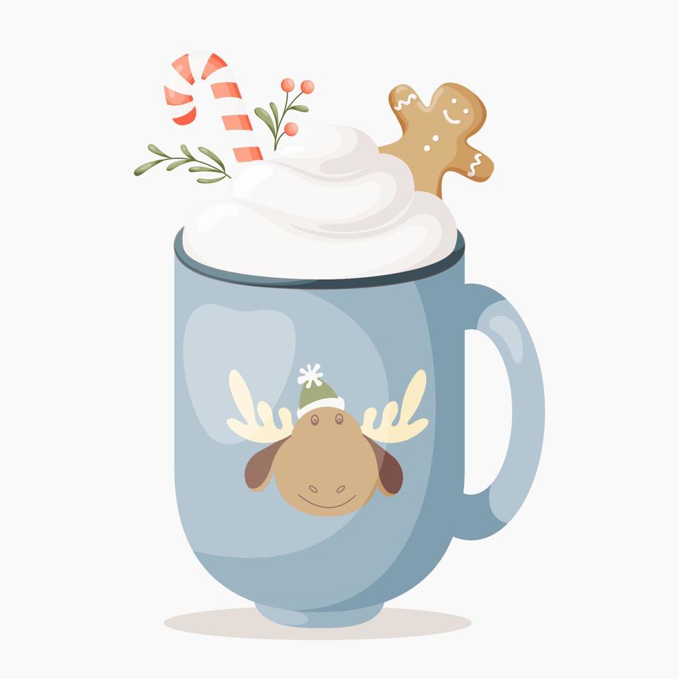 Christmas and Happy New Year set. Cute mugs with hot beverages, candy cane, gingerbread man, whipped cream, cookies. Illustration for greeting cards design, posters, stickers. vector