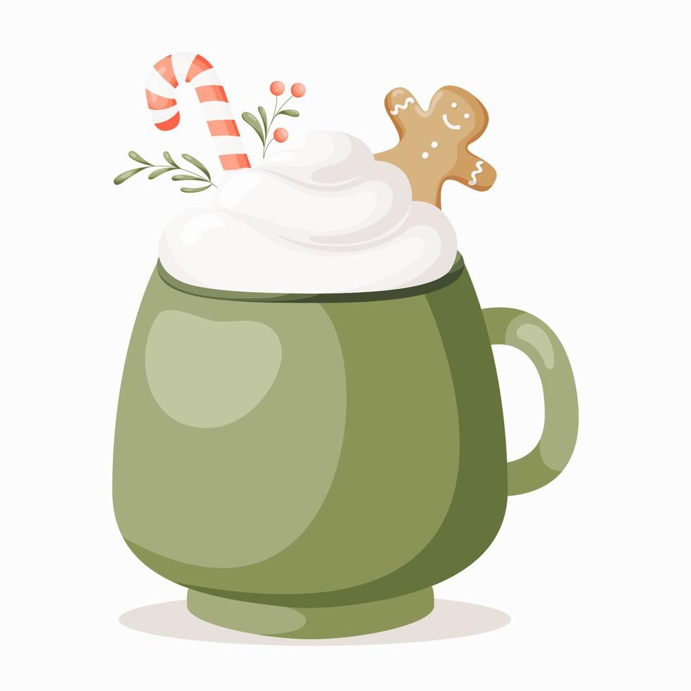 taza de navidad y feliz año nuevo. linda taza con bebidas calientes, bastón de caramelo, hombre de jengibre, crema batida, galletas. ilustración para el diseño de tarjetas de felicitación, carteles, pegatinas, menú. vector