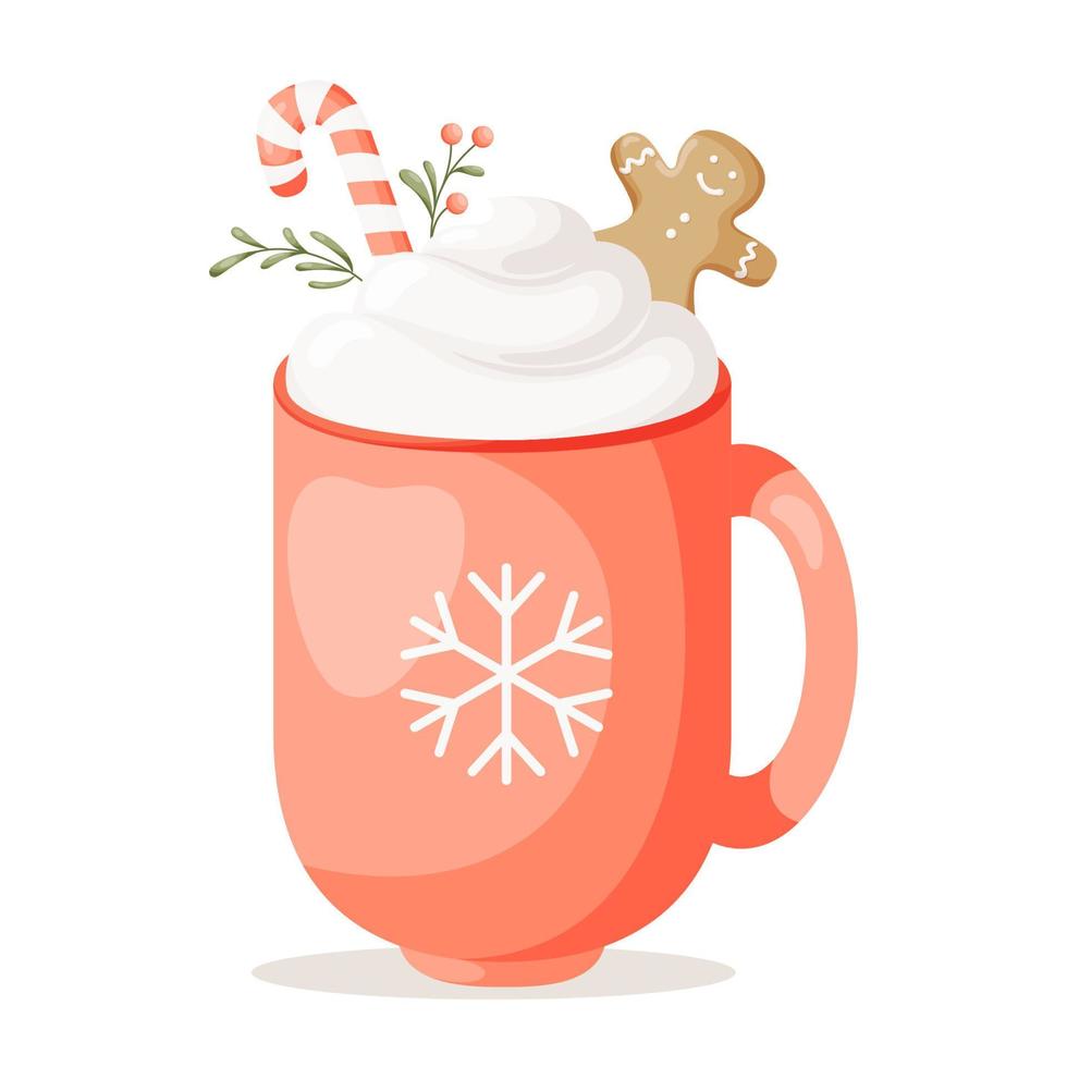 taza de navidad y feliz año nuevo. linda taza con bebidas calientes, bastón de caramelo, hombre de jengibre, crema batida, galletas. ilustración para el diseño de tarjetas de felicitación, carteles, pegatinas, menú. vector