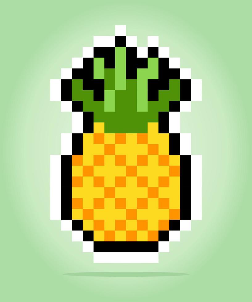 8 bit pixel of pineapples. Fruits for game assets and cross stitch patterns in vector illustrations.