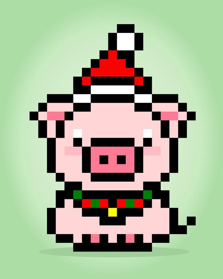 Cerdo de píxeles de 8 bits con gorro de Papá Noel. animal para activos de juego y patrones de punto de cruz en ilustraciones vectoriales. vector