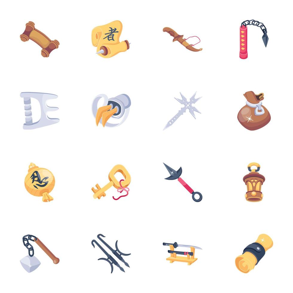 Set of Ninja Fighting Tools Flat Icons vector