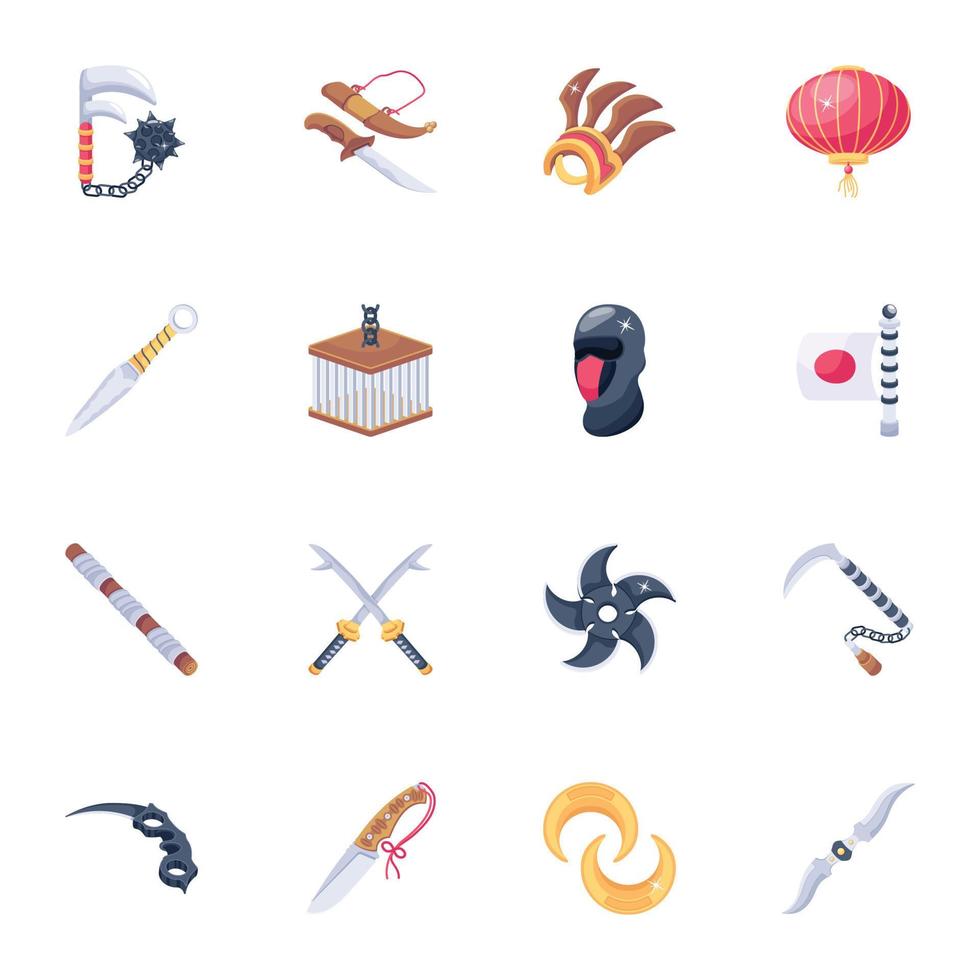 Pack of Ninja Fighting Weapons Flat Icons vector