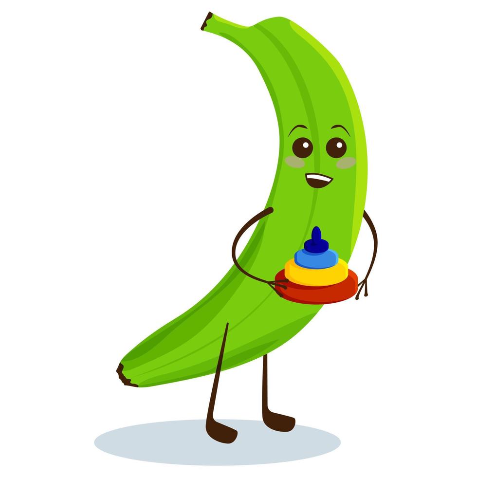 Linda fruta de plátano bebé kawaii interesada jugando con pirámide de colores. ilustración de personaje de dibujos animados plano vectorial. diseño de icono aislado sobre fondo blanco. vector