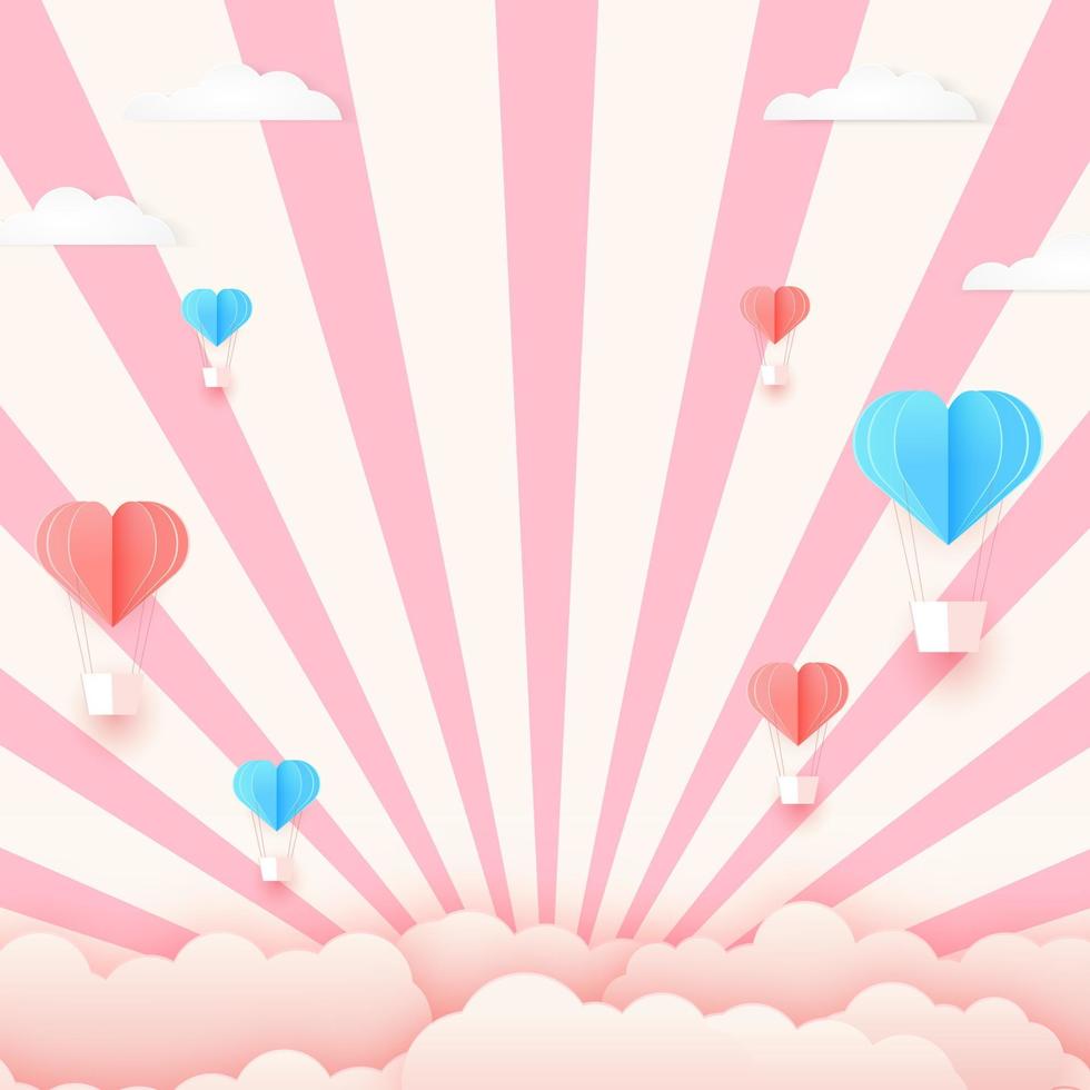 Paper cut concept Balloon flying on sunburst. Vector art and illustration of love and valentine, Digital paper craft style. Paper art of pink background. for Happy Women's, Mother's, Valentine's Day,