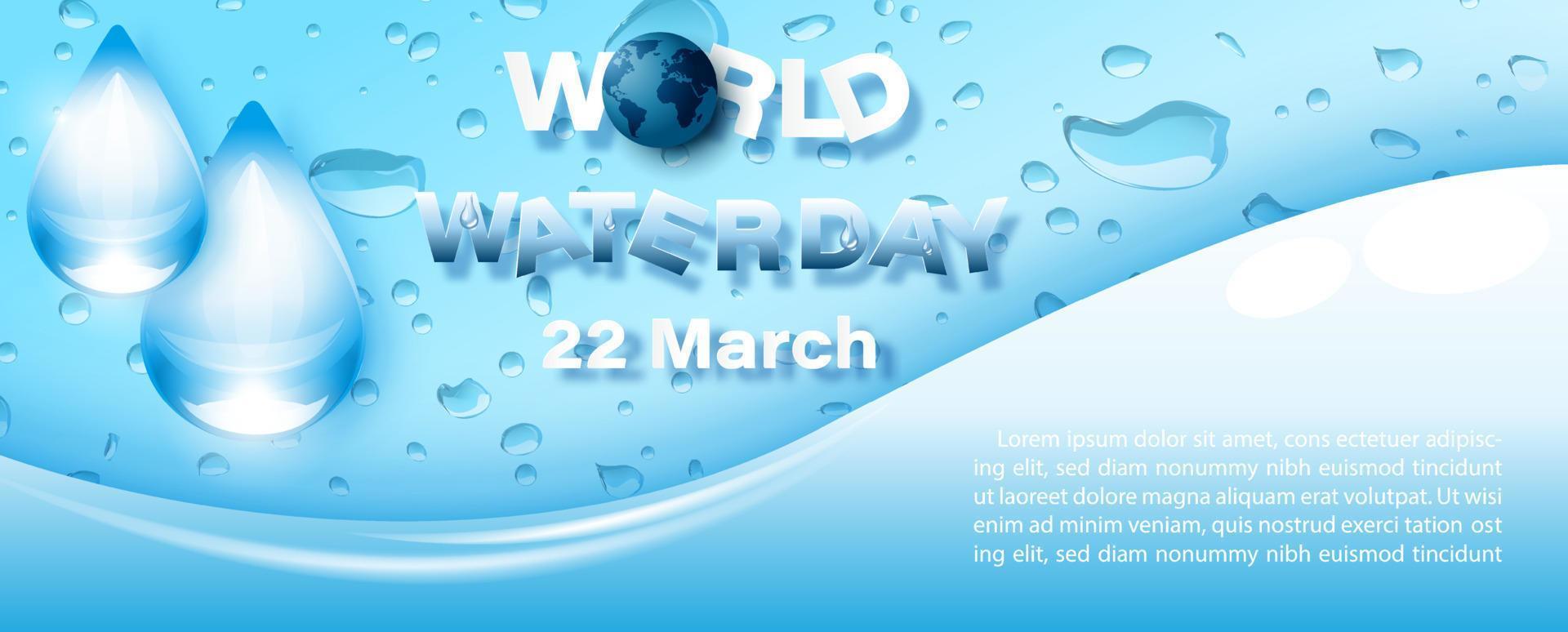 Water droplets in glass style with wording of world water day on abstract shape and water droplets pattern background. World water day poster's campaign in vector design.