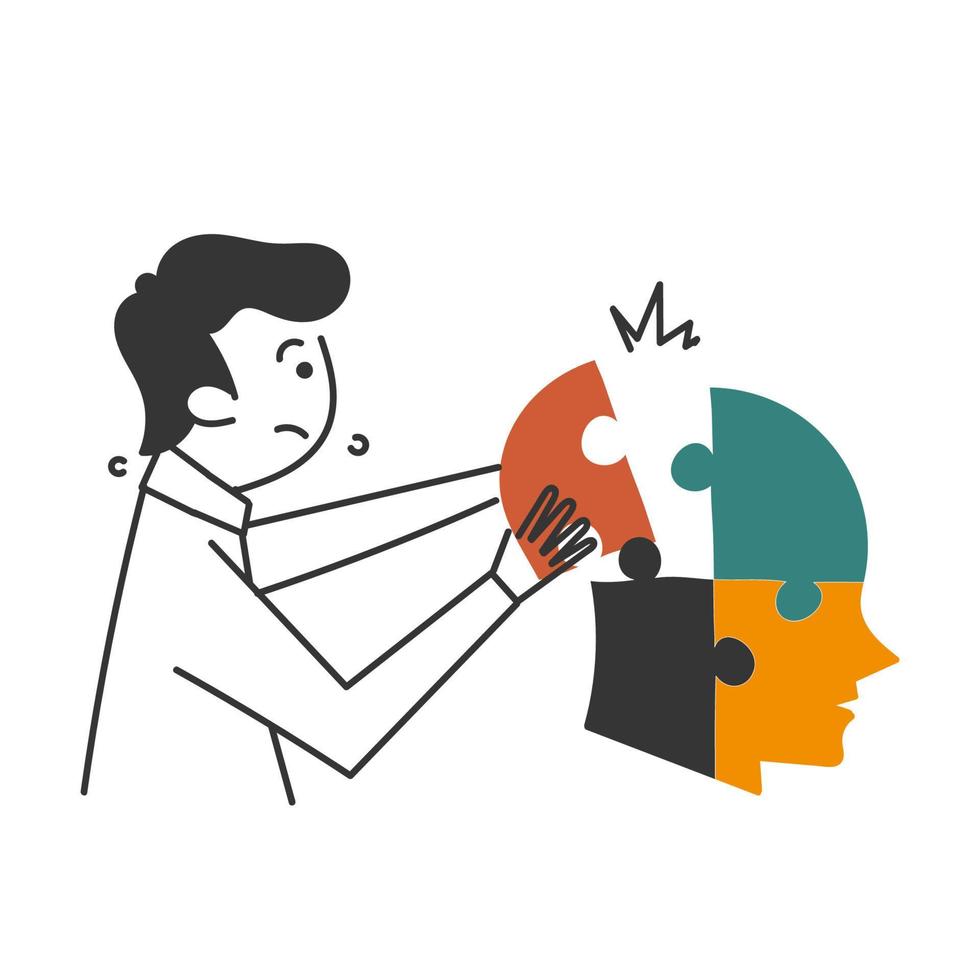 hand drawn doodle people put puzzle pieces in the shape of people's heads vector