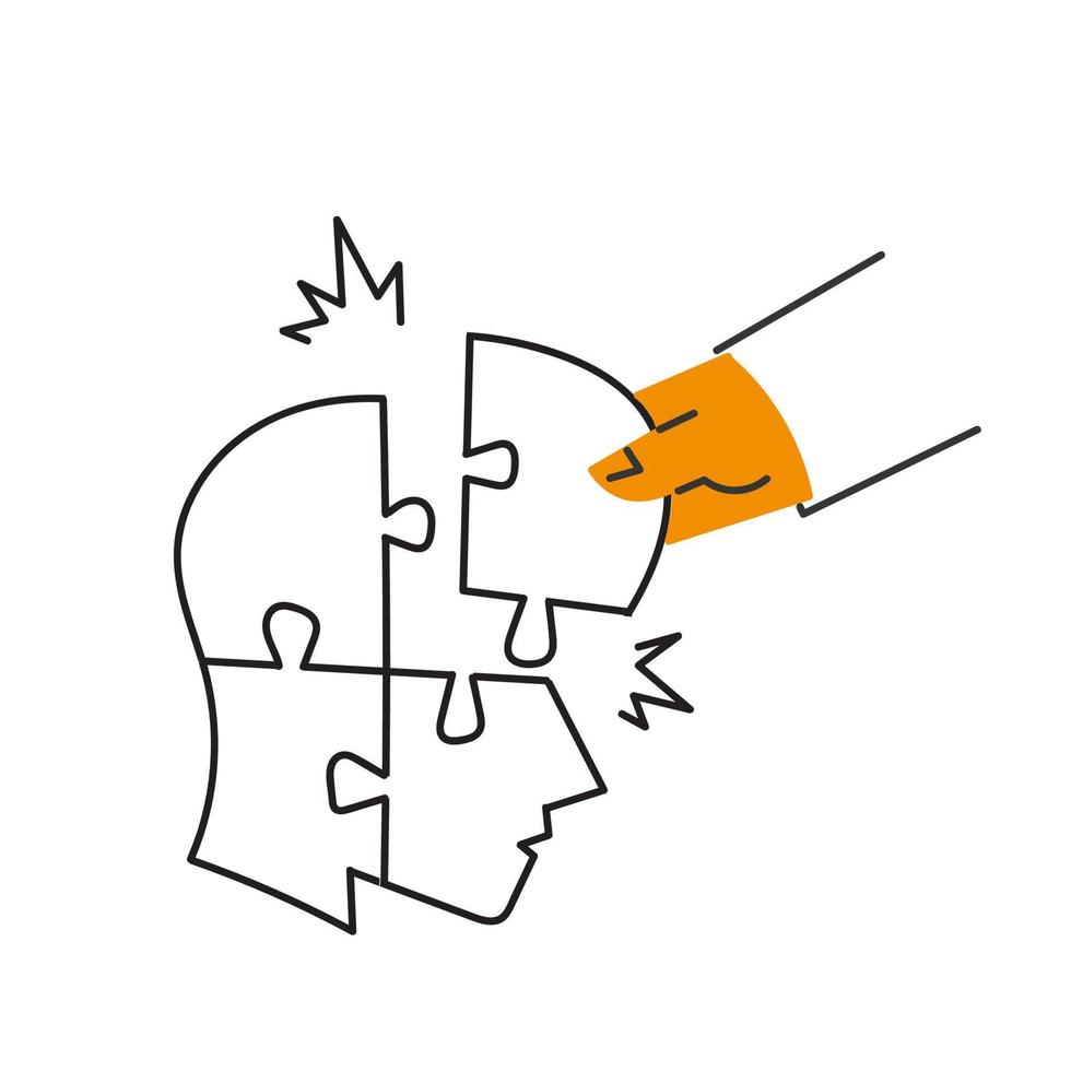 hand drawn doodle people put puzzle pieces in the shape of people's heads vector
