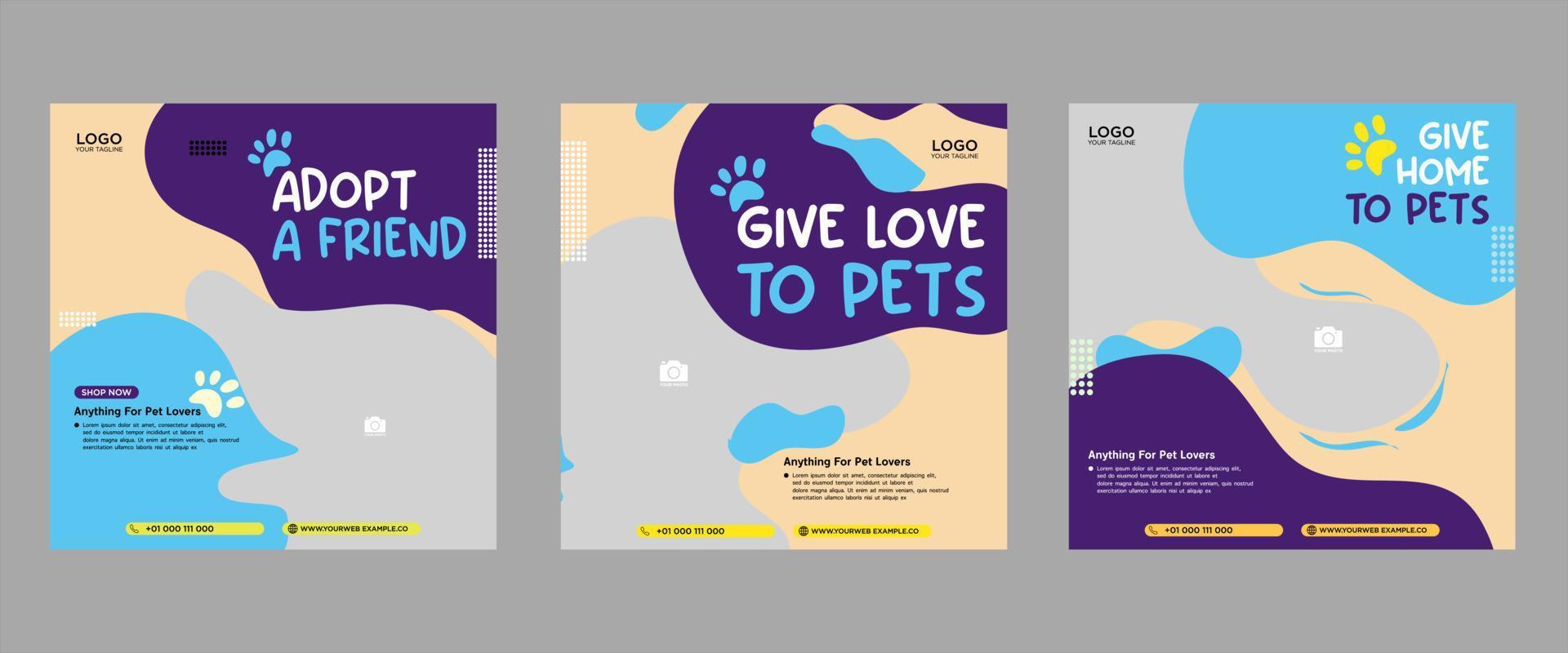 conjunto de tres fluidos hermosos fondos de banner de color cuidado de mascotas promoción de paquete de redes sociales plantilla de vector premium