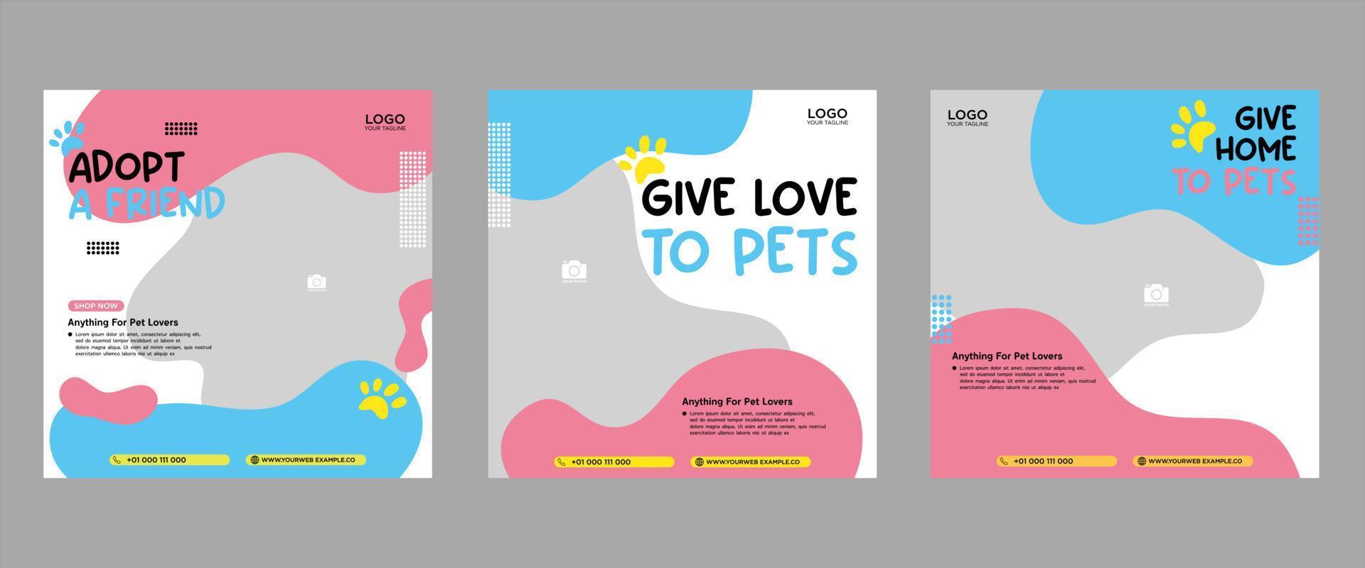 Set of three fluid beautiful color banner backgrounds pet care social media package promotion premium vector template