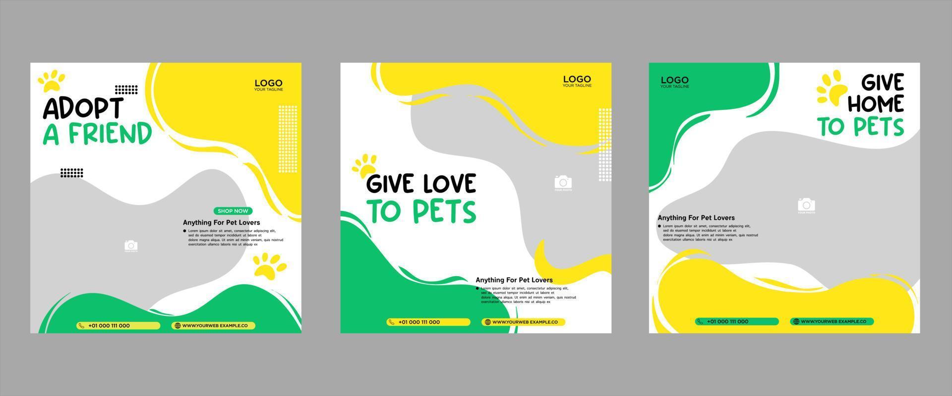 Set of three fluid beautiful color banner backgrounds pet care social media package promotion premium vector template