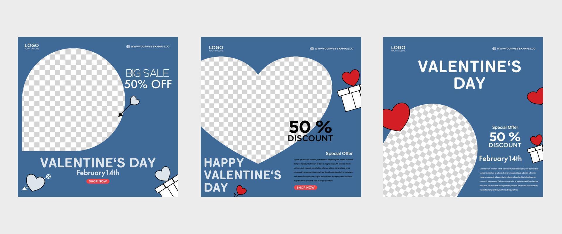 Valentine square banner design template set. Red background with love line frame. Can be used for social media posts, greeting cards, banners and web ads. vector